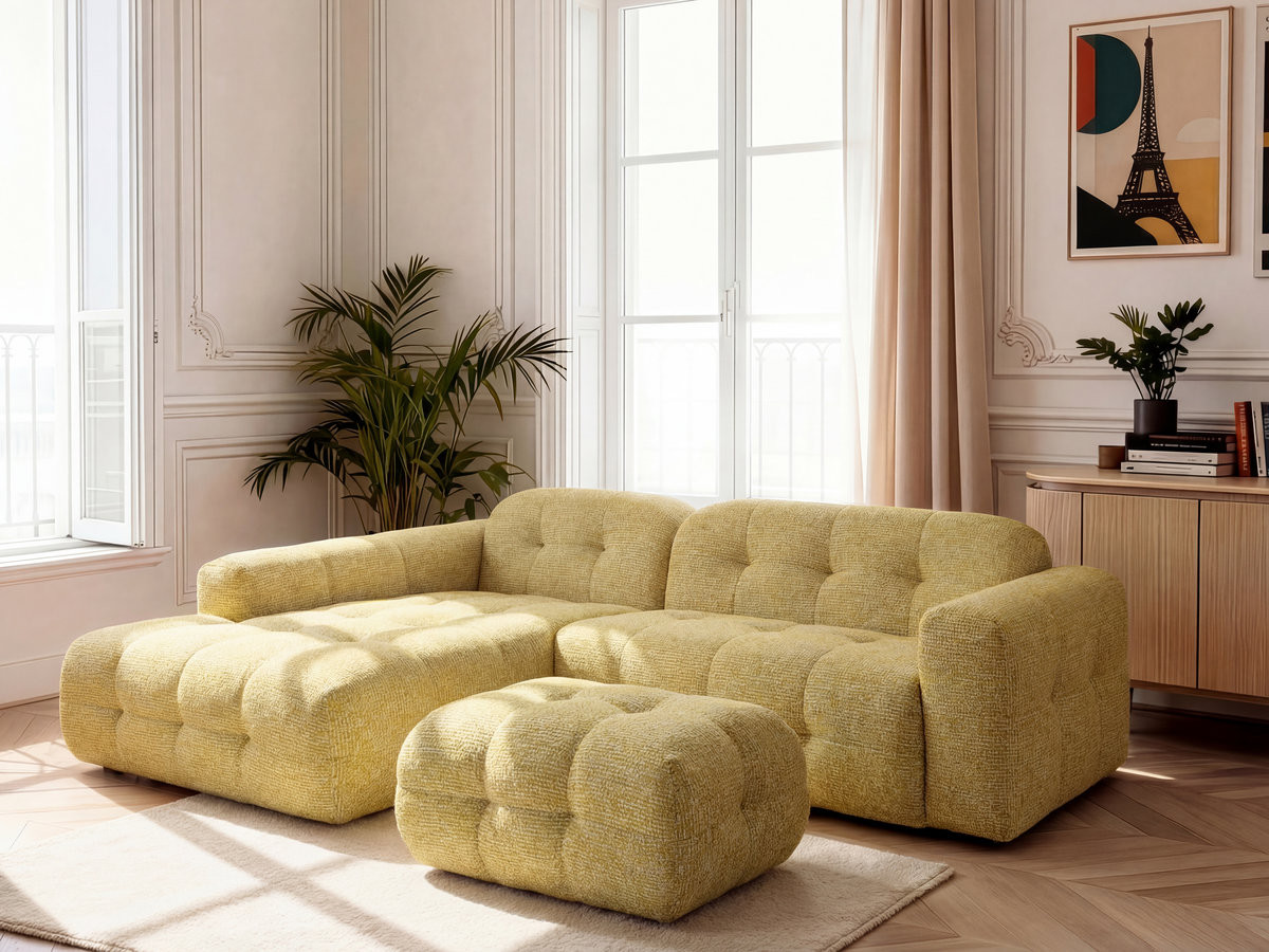 LAURA vaste hoekbank in gemęleerde stof met kleine poef