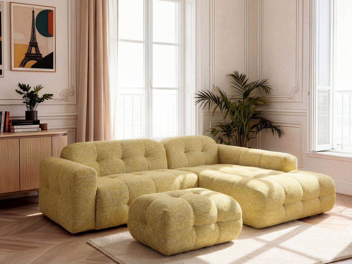 LAURA vaste hoekbank in gemęleerde stof met kleine poef