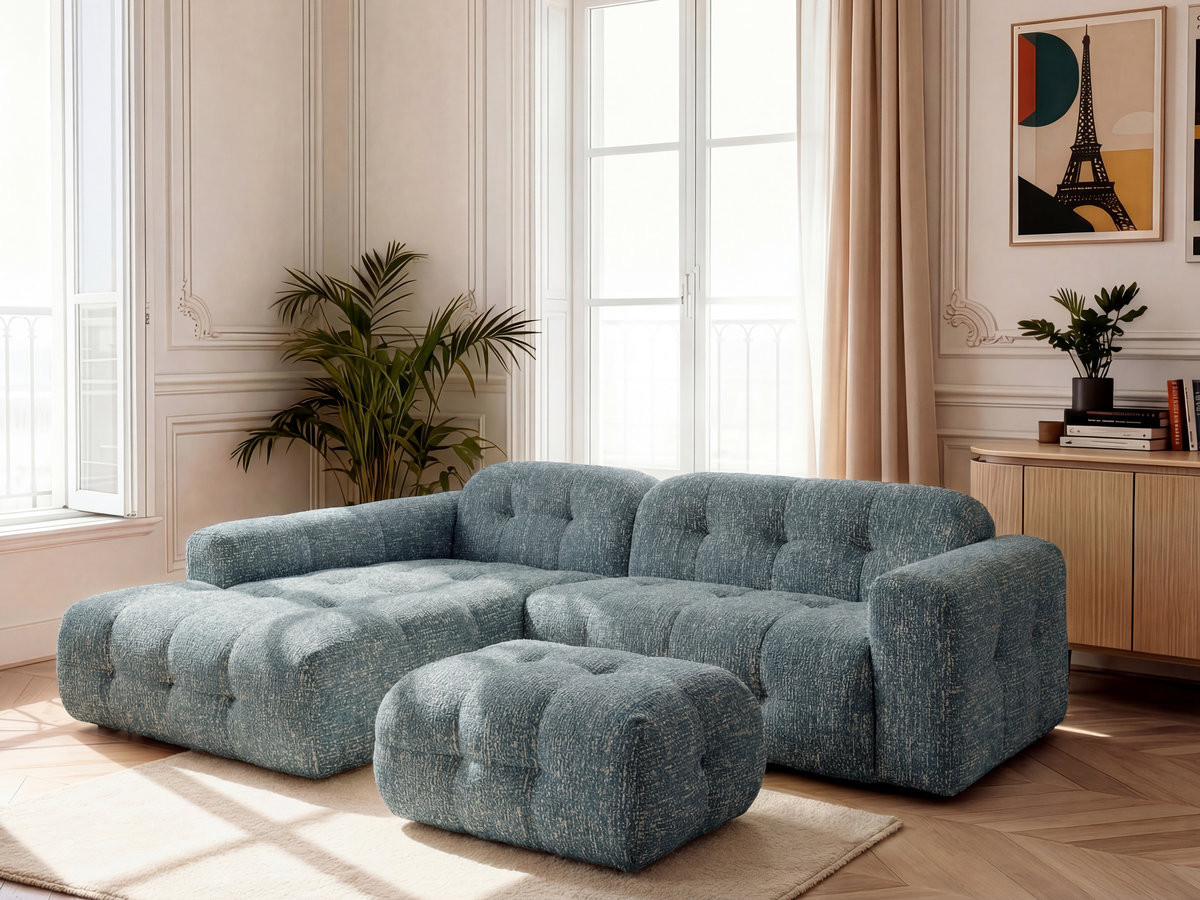 LAURA vaste hoekbank in gemęleerde stof met kleine poef