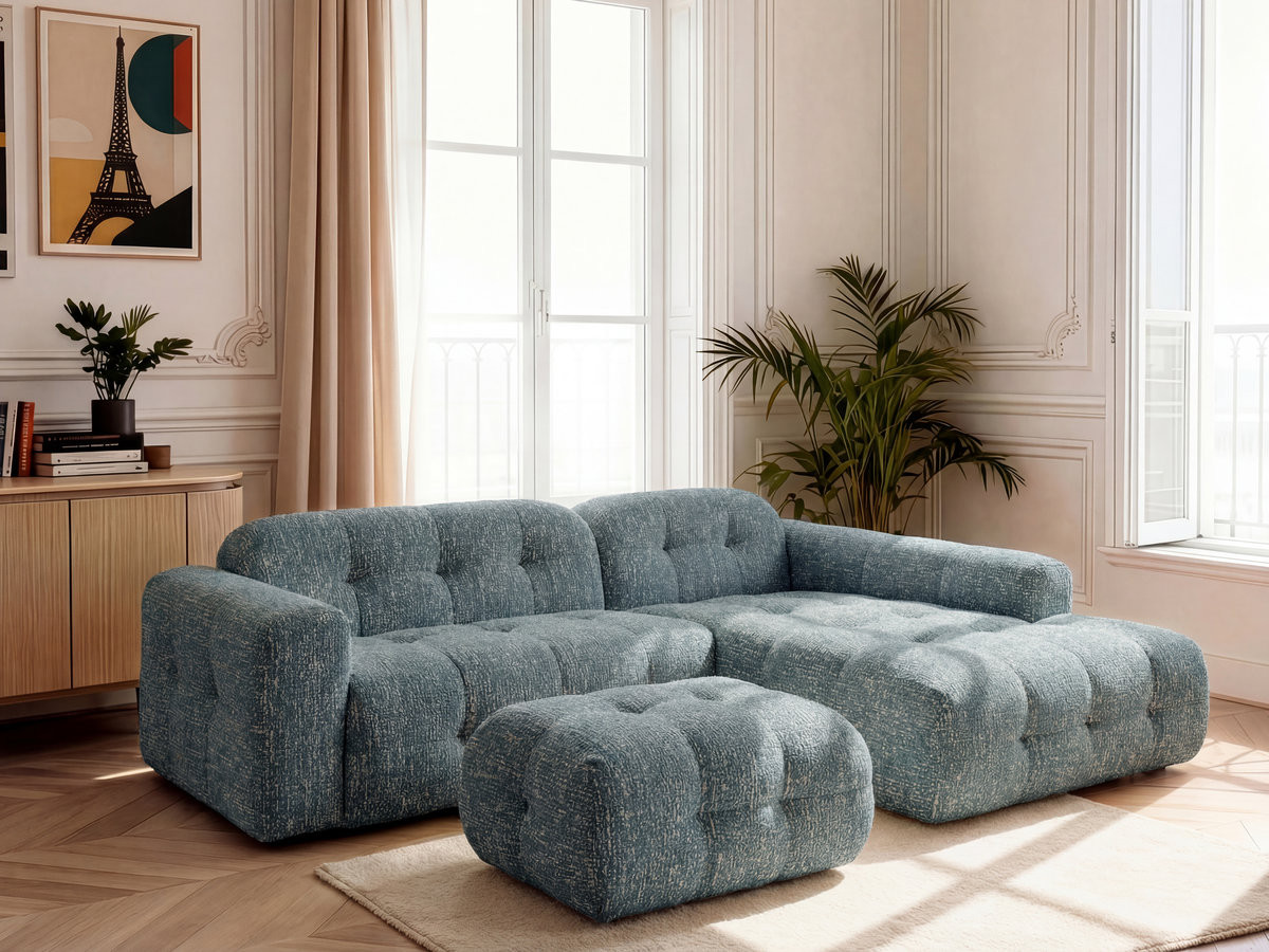 LAURA vaste hoekbank in gemęleerde stof met kleine poef