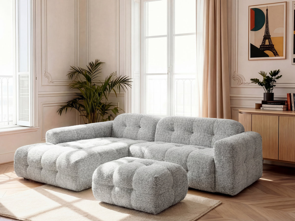 LAURA vaste hoekbank in gemęleerde stof met kleine poef