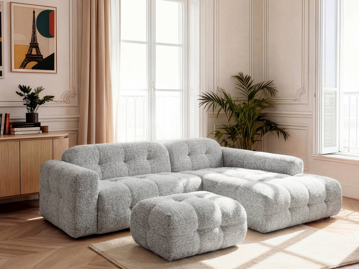 Canapé d'angle LAURA chiné avec petit pouf gris clair — vue 4