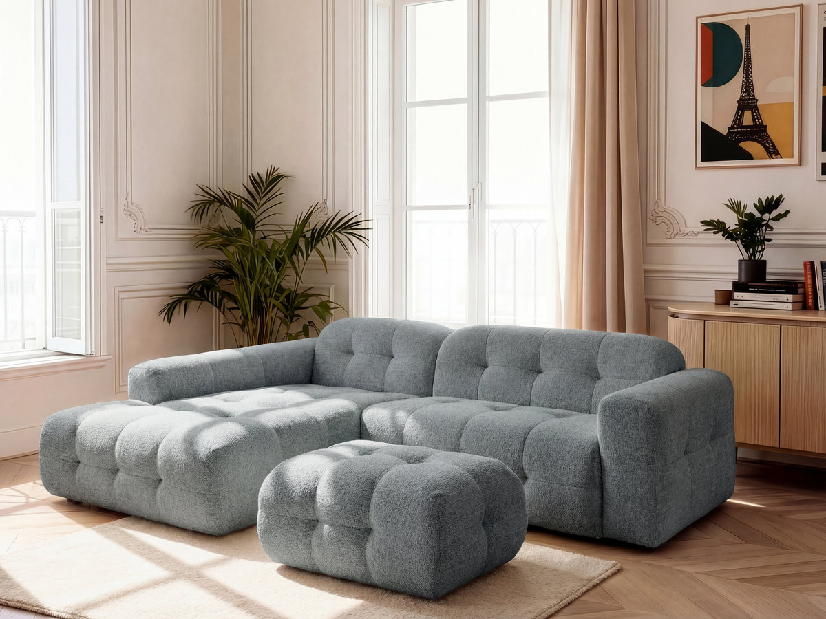 LAURA vaste hoekbank in gemęleerde stof met kleine poef