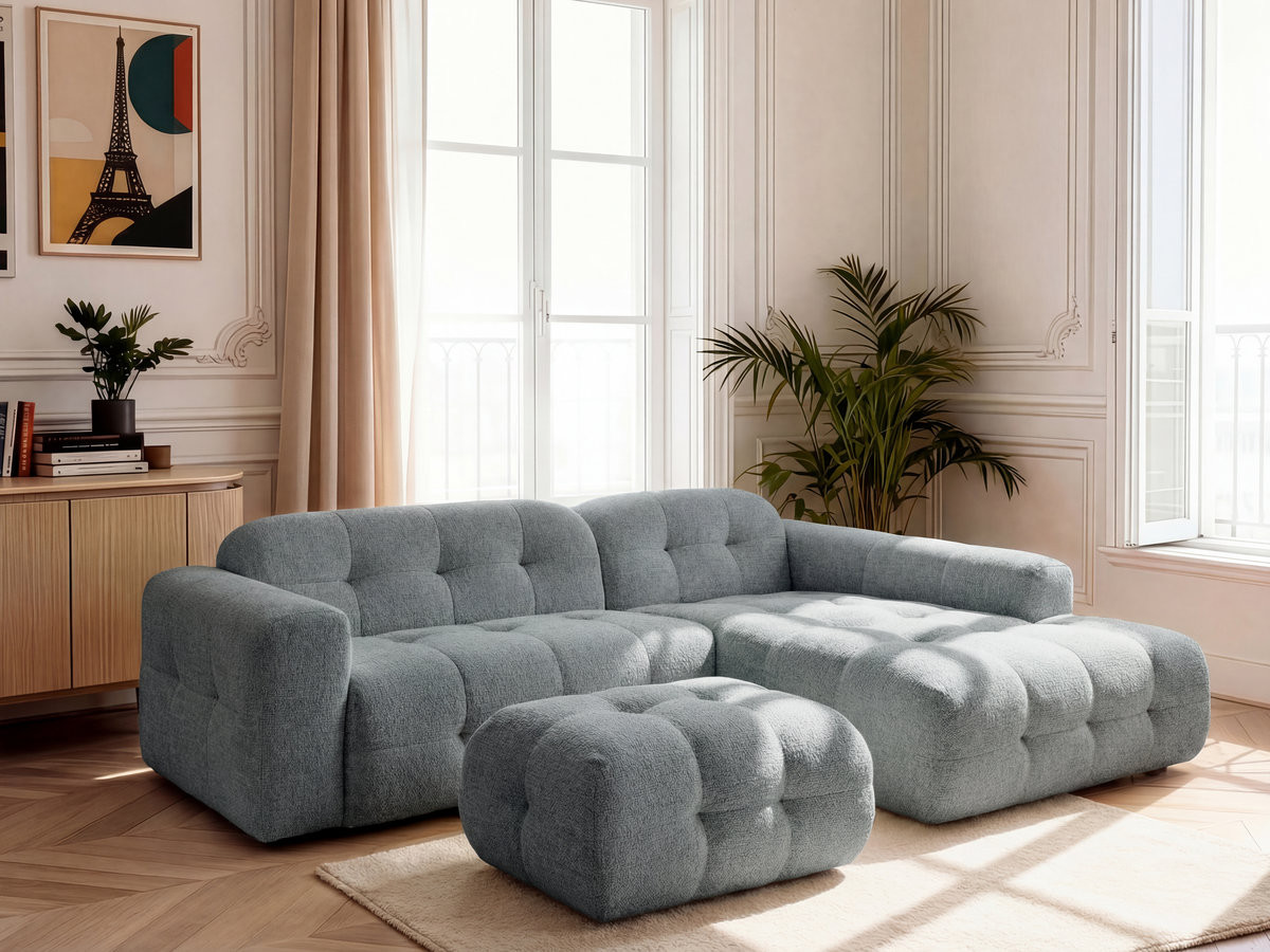 LAURA vaste hoekbank in gemęleerde stof met kleine poef