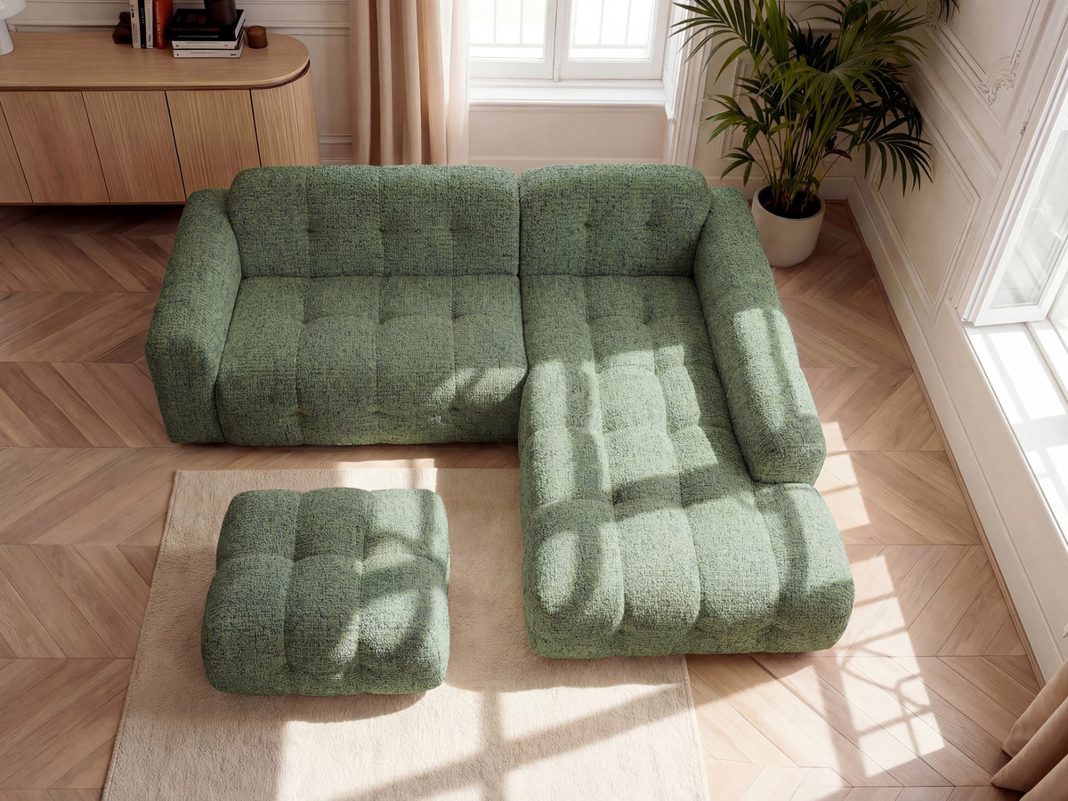 Canapé d'angle LAURA chiné avec petit pouf vert clair — vue 5