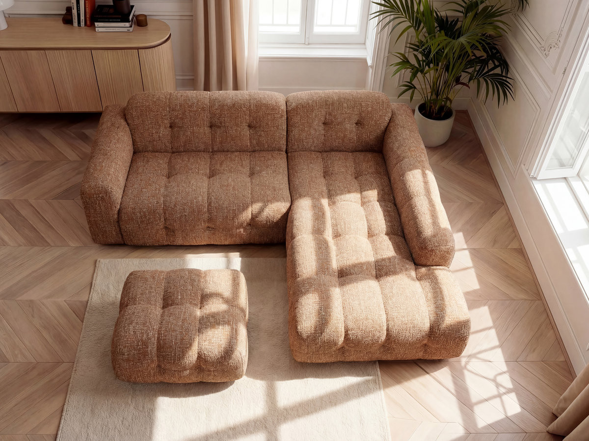 Canapé d'angle LAURA chiné avec petit pouf orange — vue 5