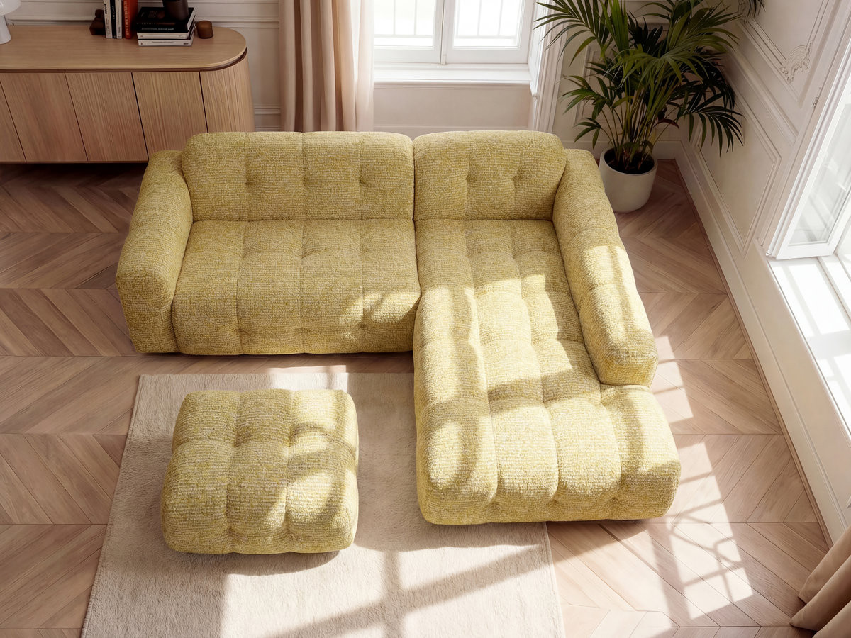 Canapé d'angle LAURA chiné avec petit pouf jaune — vue 5