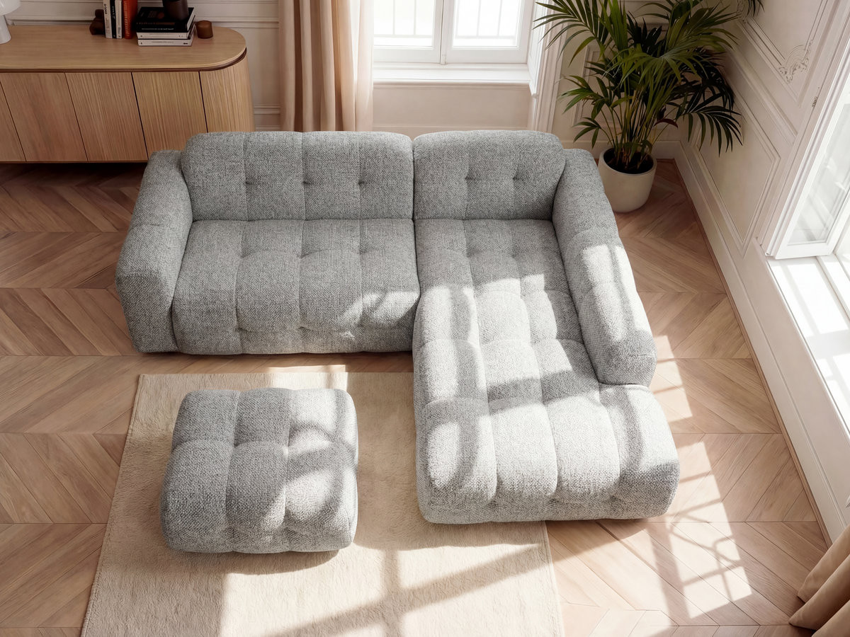 Canapé d'angle LAURA chiné avec petit pouf gris clair — vue 5