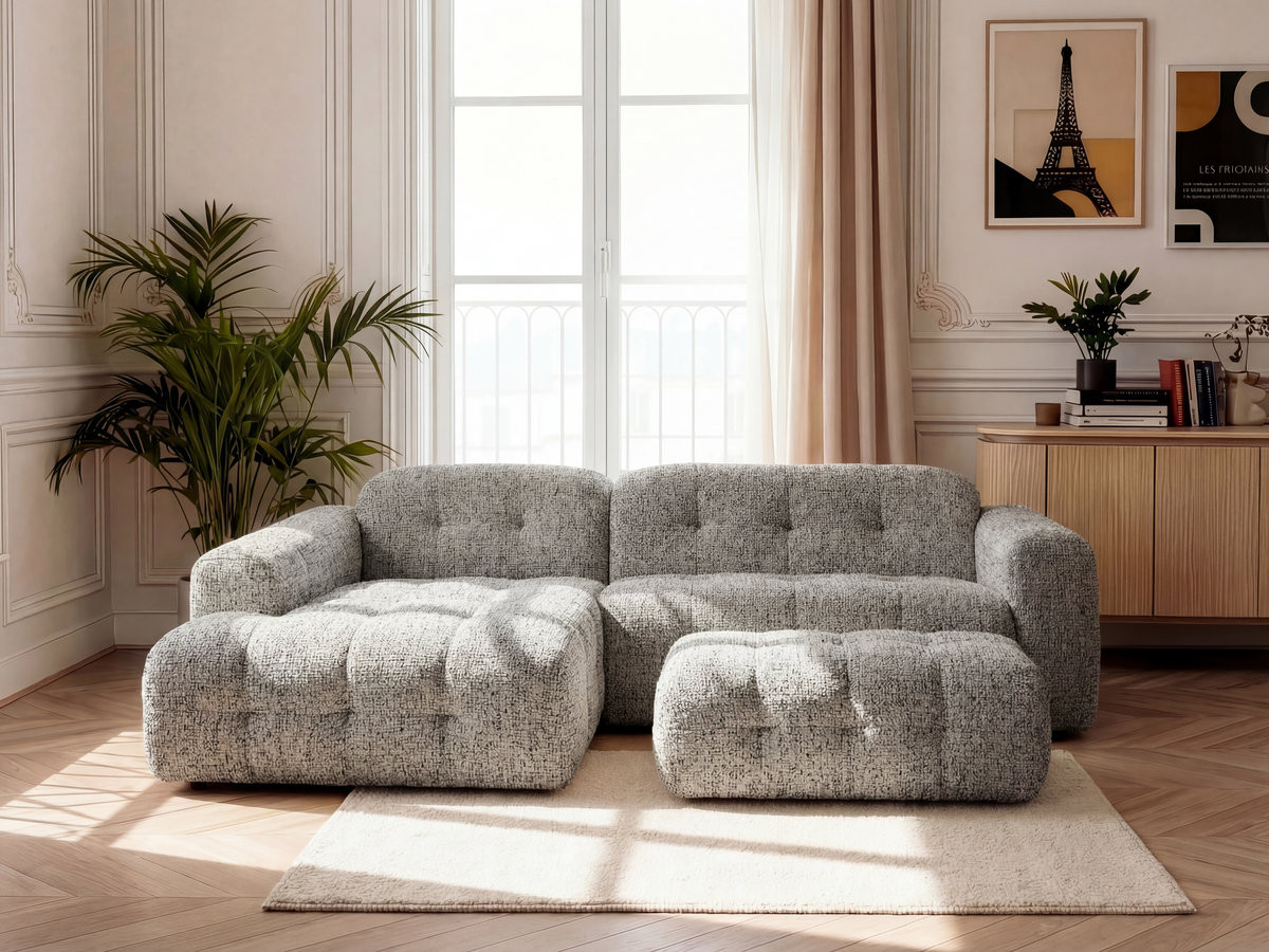 Canapé d'angle fixe LAURA tissu chiné avec grand pouf
