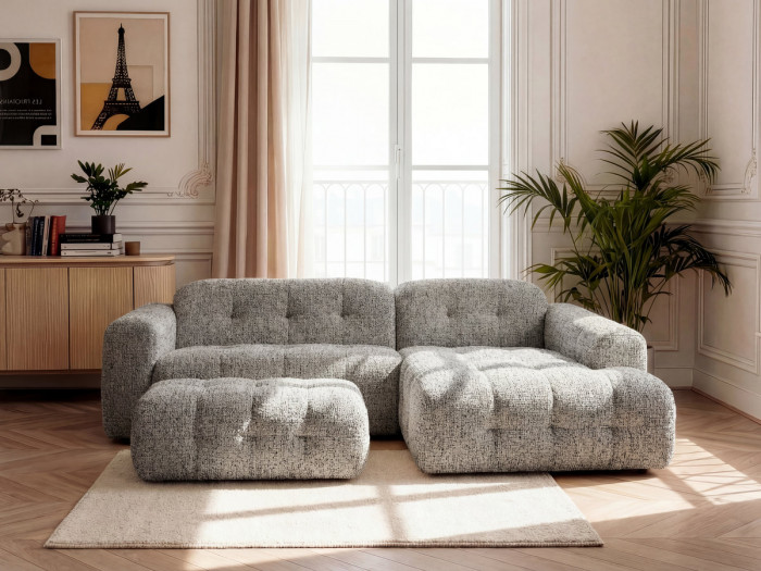 Canapé d'angle fixe LAURA tissu chiné avec grand pouf