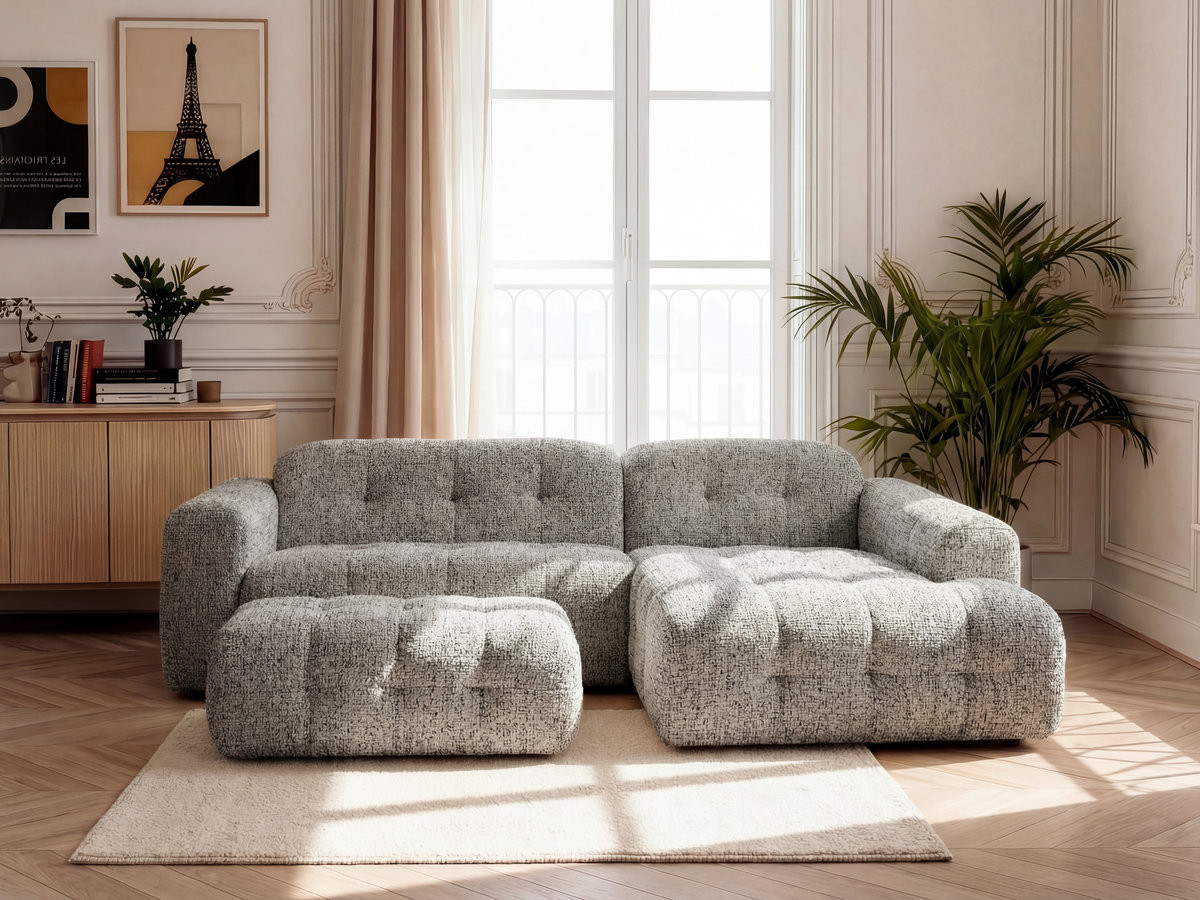 Canapé d'angle fixe LAURA tissu chiné avec grand pouf
