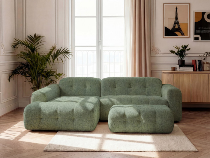 Canapé d'angle fixe LAURA tissu chiné avec grand pouf