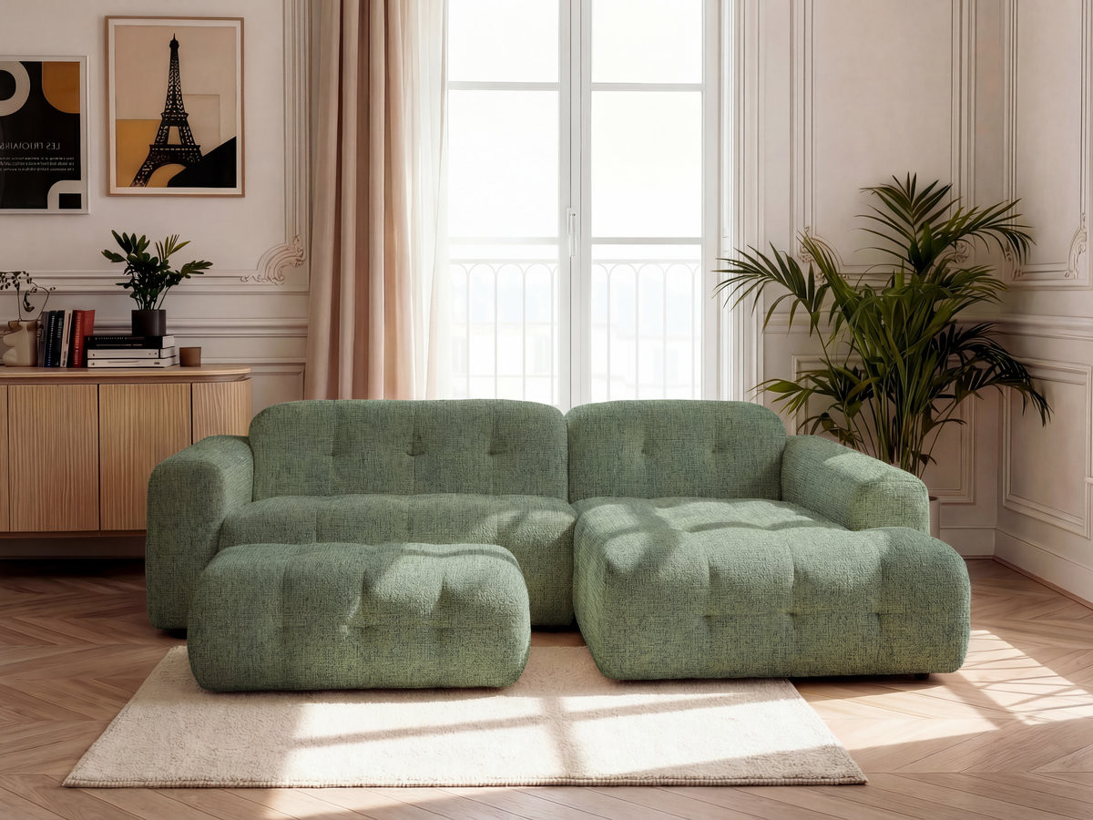 Canapé d'angle LAURA chiné avec grand pouf vert clair