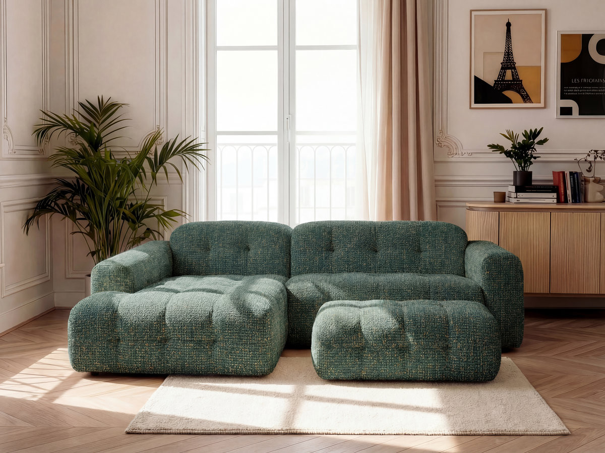 Canapé d'angle fixe LAURA tissu chiné avec grand pouf