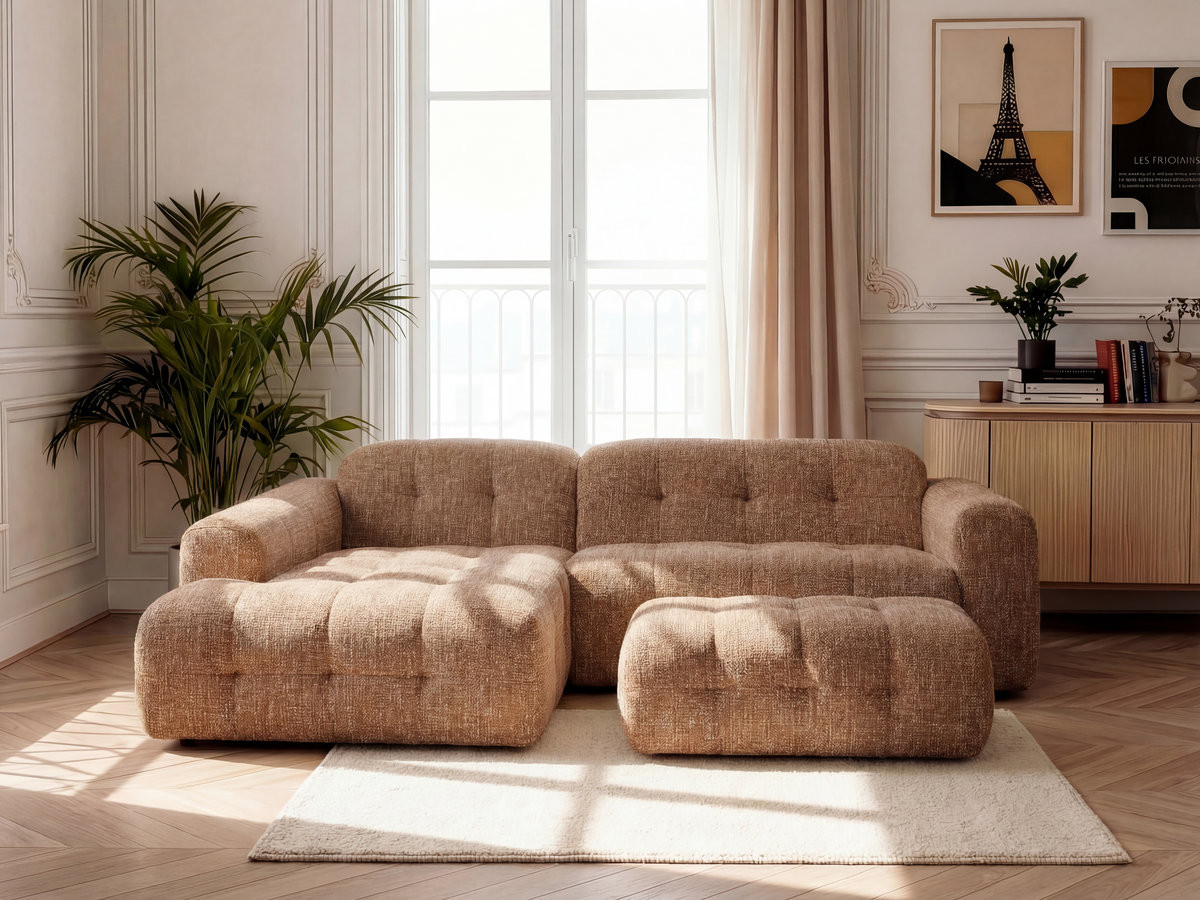 Canapé d'angle fixe LAURA tissu chiné avec grand pouf