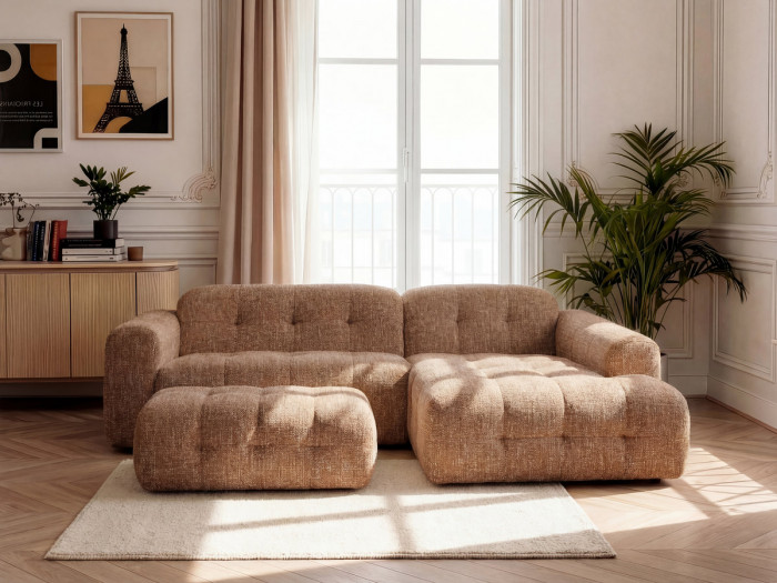 Canapé d'angle fixe LAURA tissu chiné avec grand pouf