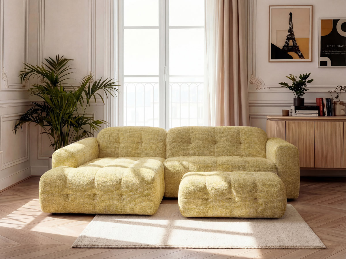 Canapé d'angle fixe LAURA tissu chiné avec grand pouf