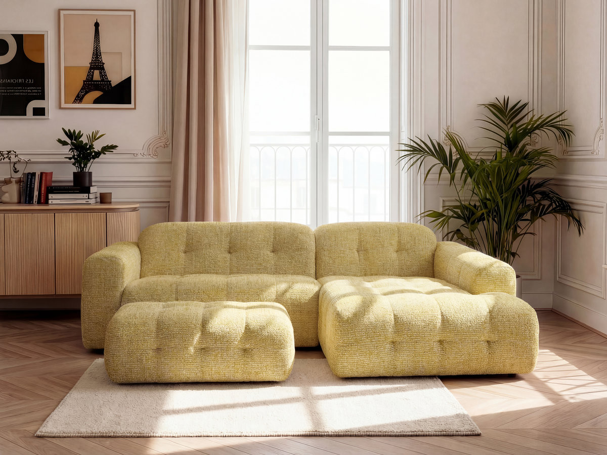 Canapé d'angle LAURA chiné avec grand pouf jaune