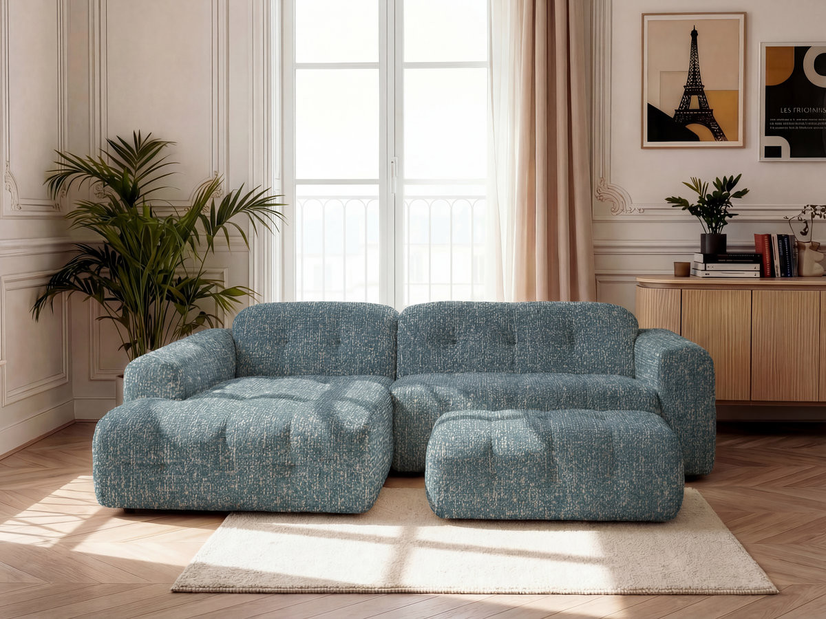 Canapé d'angle fixe LAURA tissu chiné avec grand pouf