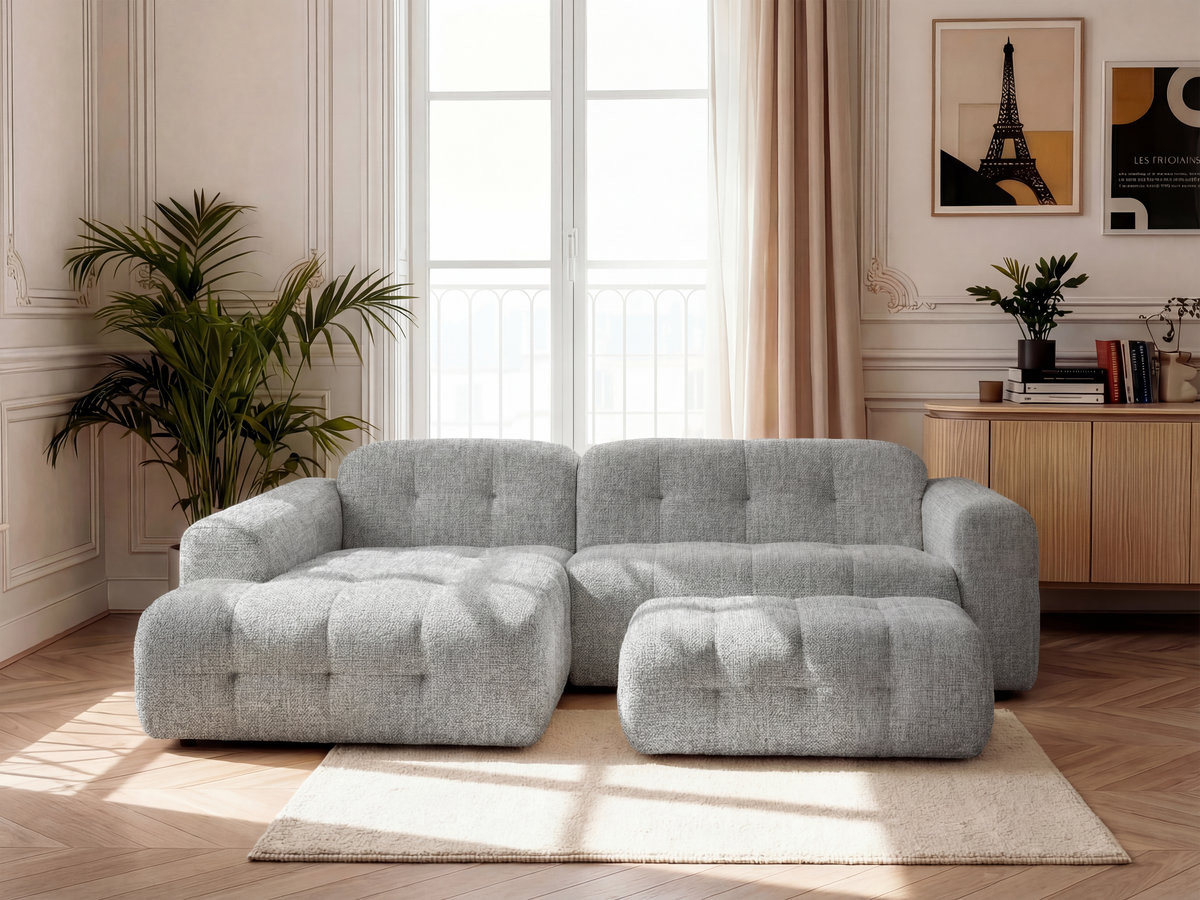 Canapé d'angle fixe LAURA tissu chiné avec grand pouf gris clair angle gauche BOBOCHIC 3 places
