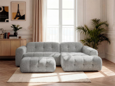 Canapé d'angle fixe LAURA tissu chiné avec grand pouf