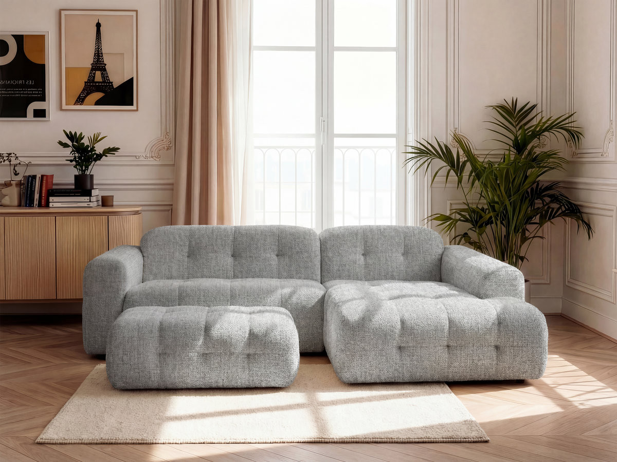 Canapé d'angle LAURA chiné avec grand pouf gris clair