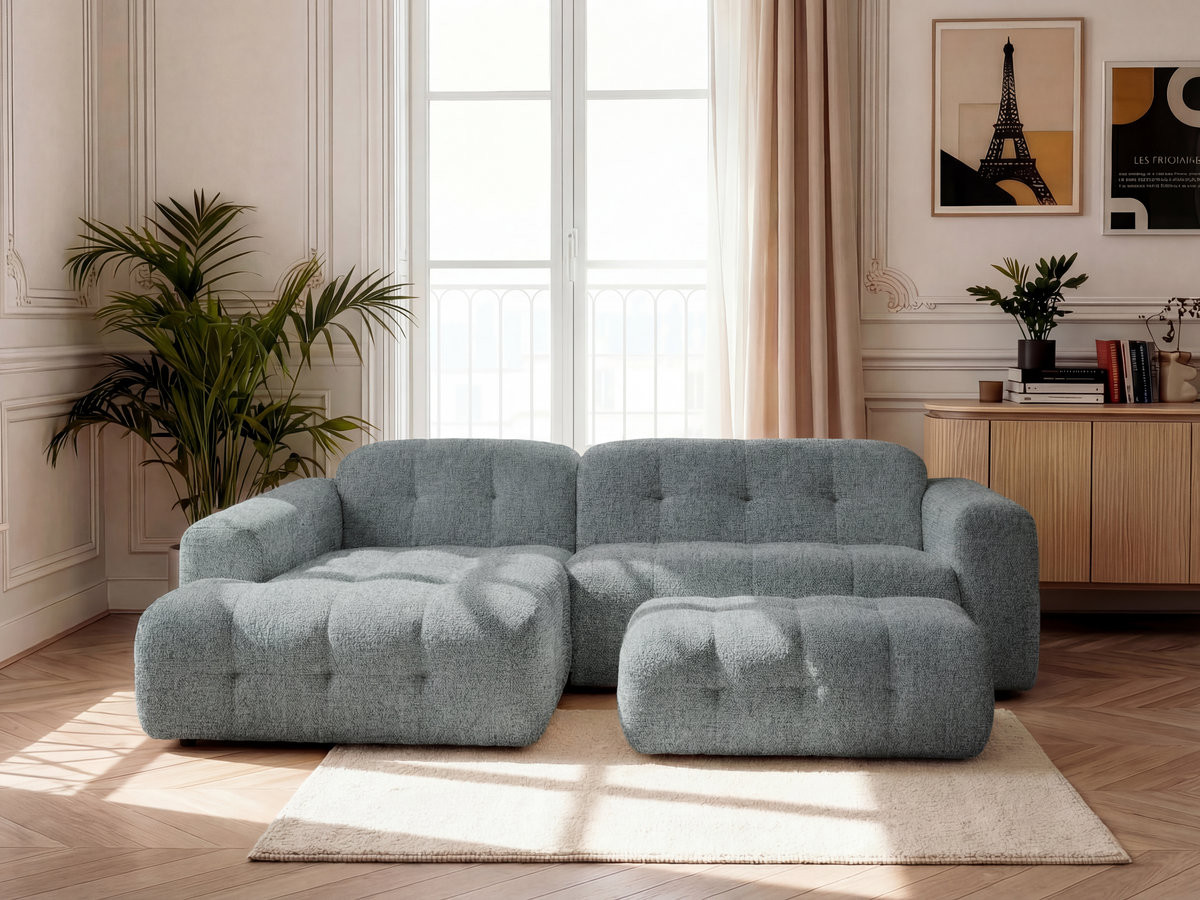 Canapé d'angle fixe LAURA tissu chiné avec grand pouf
