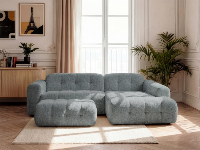Canapé d'angle fixe LAURA tissu chiné avec grand pouf