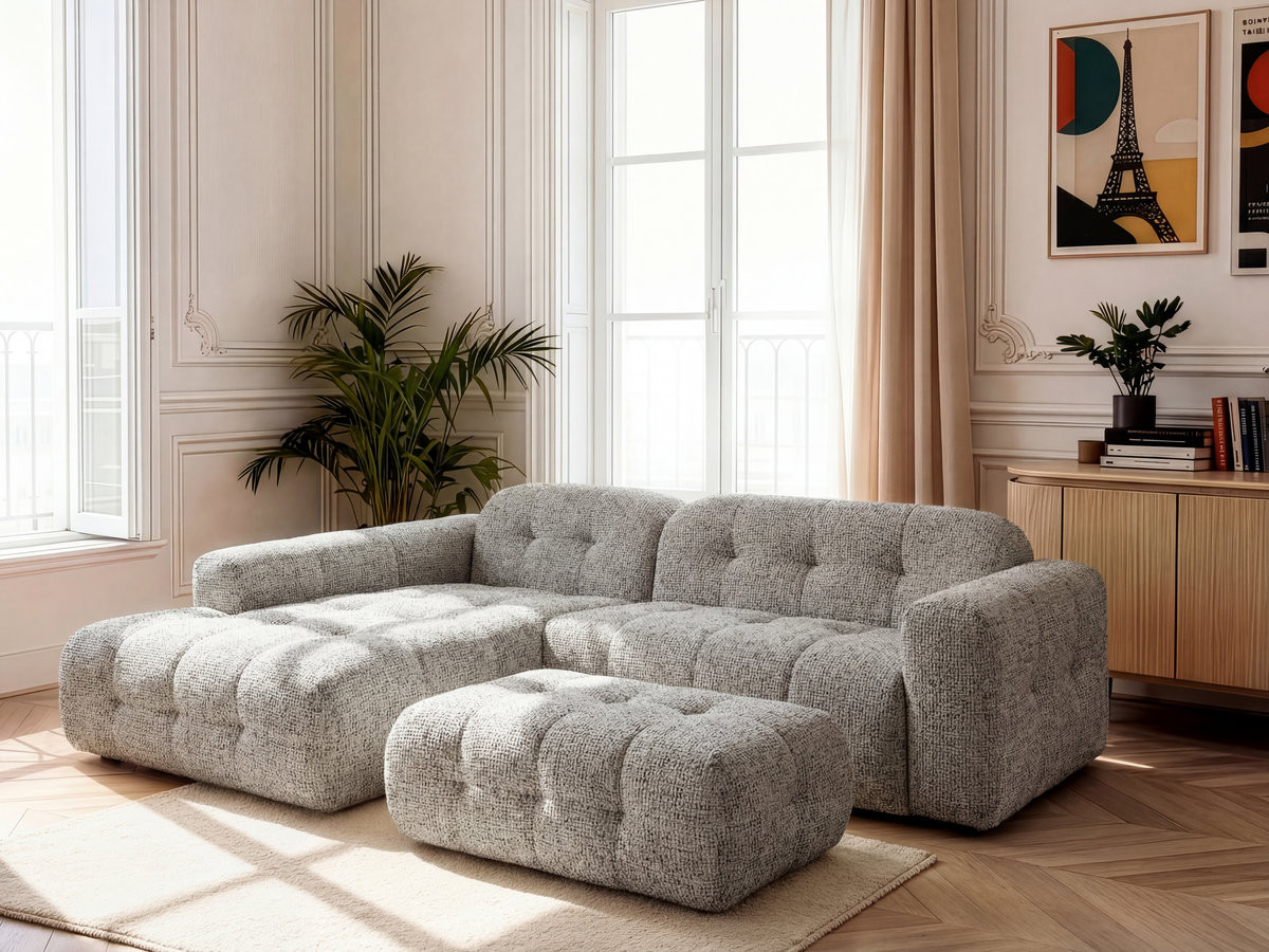 Canapé d'angle fixe LAURA tissu chiné avec grand pouf