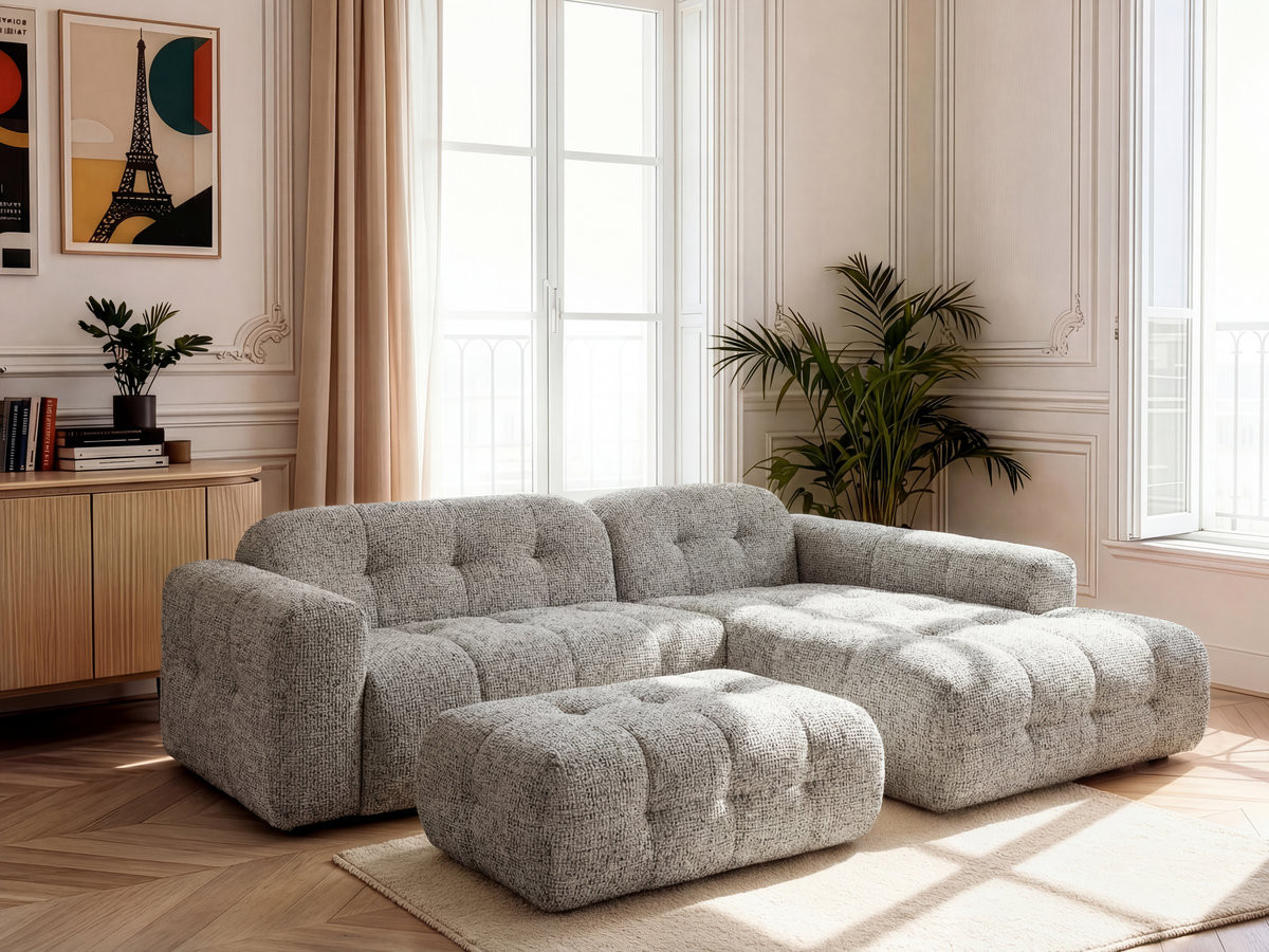 Canapé d'angle fixe LAURA tissu chiné avec grand pouf