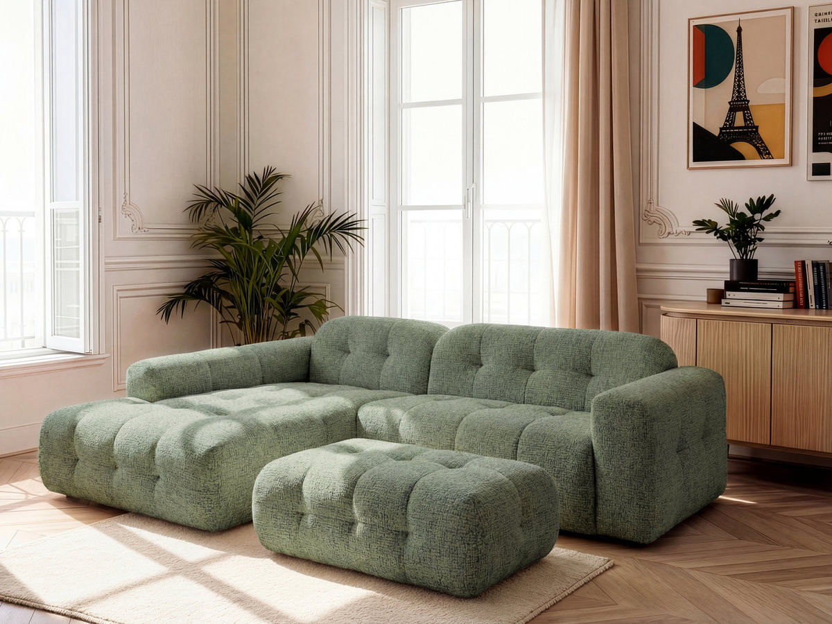 Canapé d'angle fixe LAURA tissu chiné avec grand pouf