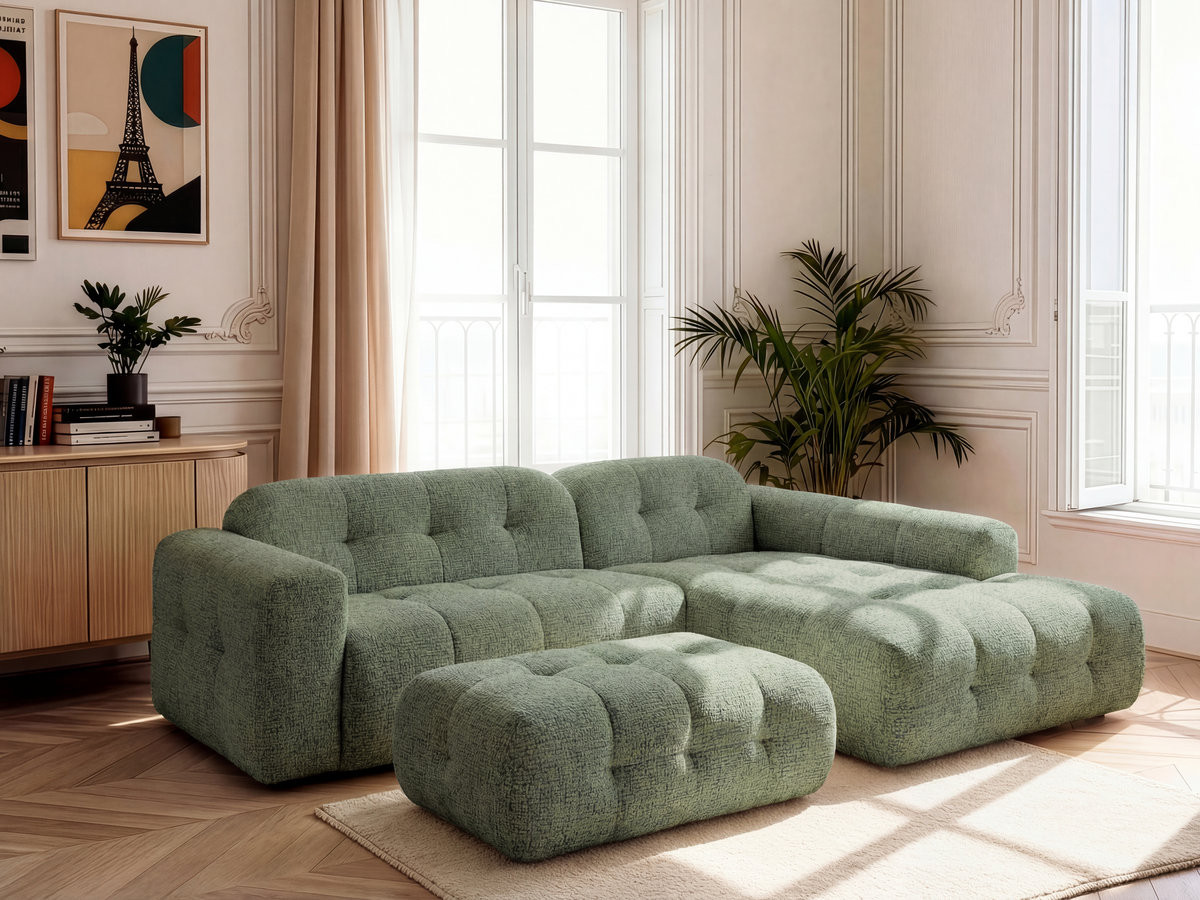 Canapé d'angle fixe LAURA tissu chiné avec grand pouf