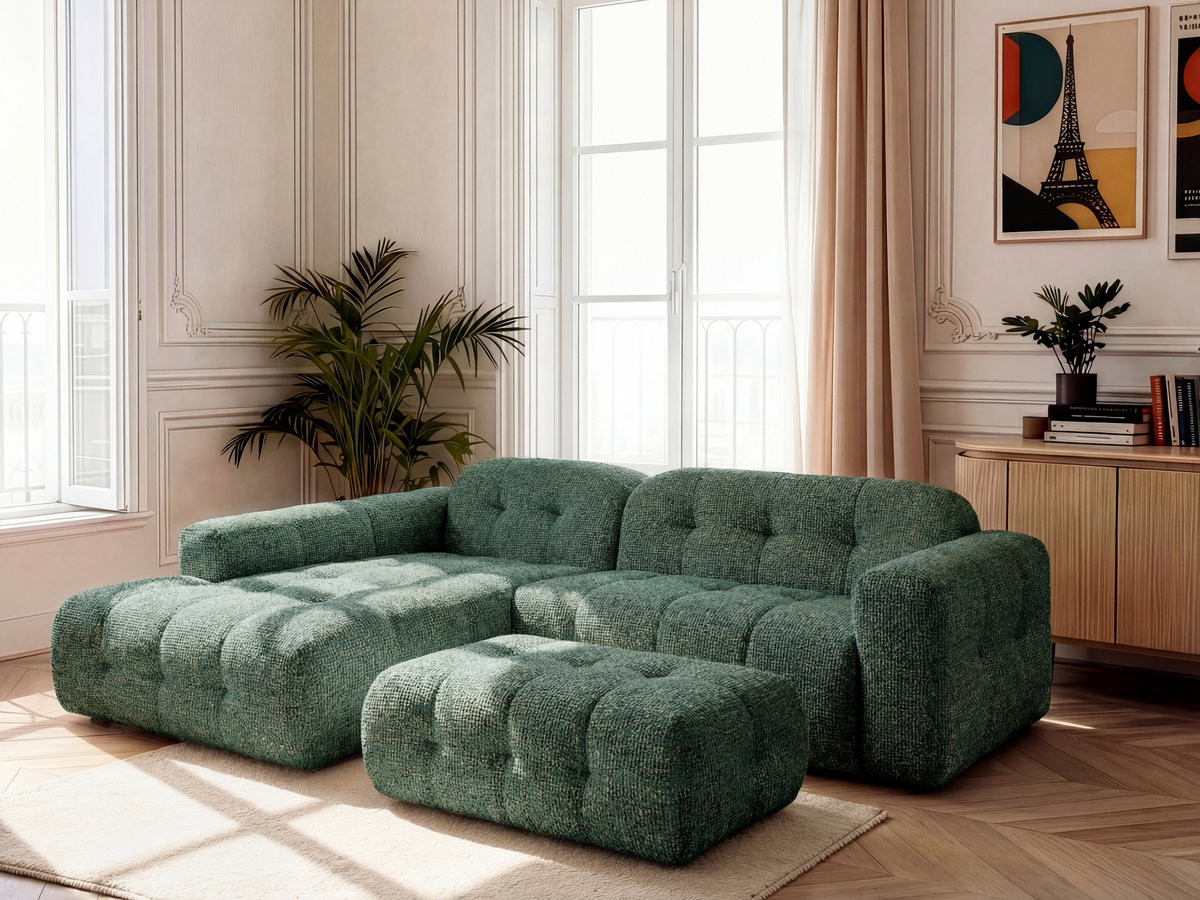 Canapé d'angle fixe LAURA tissu chiné avec grand pouf