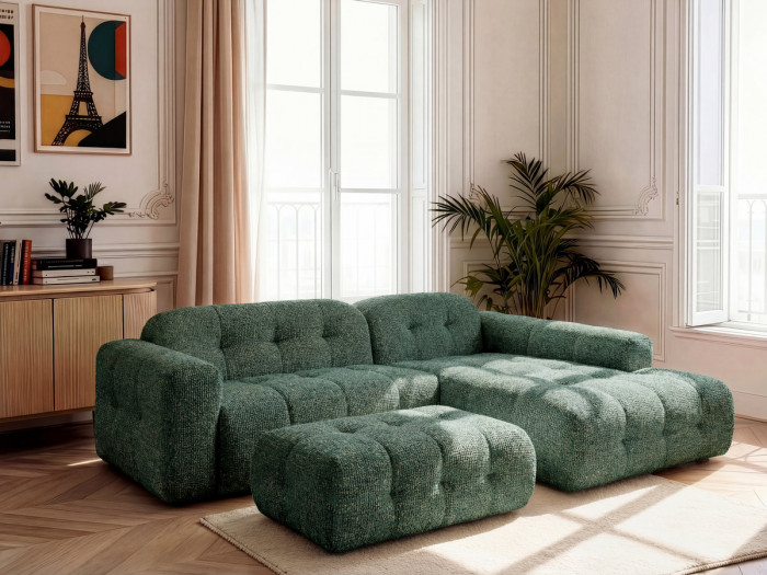 Canapé d'angle fixe LAURA tissu chiné avec grand pouf