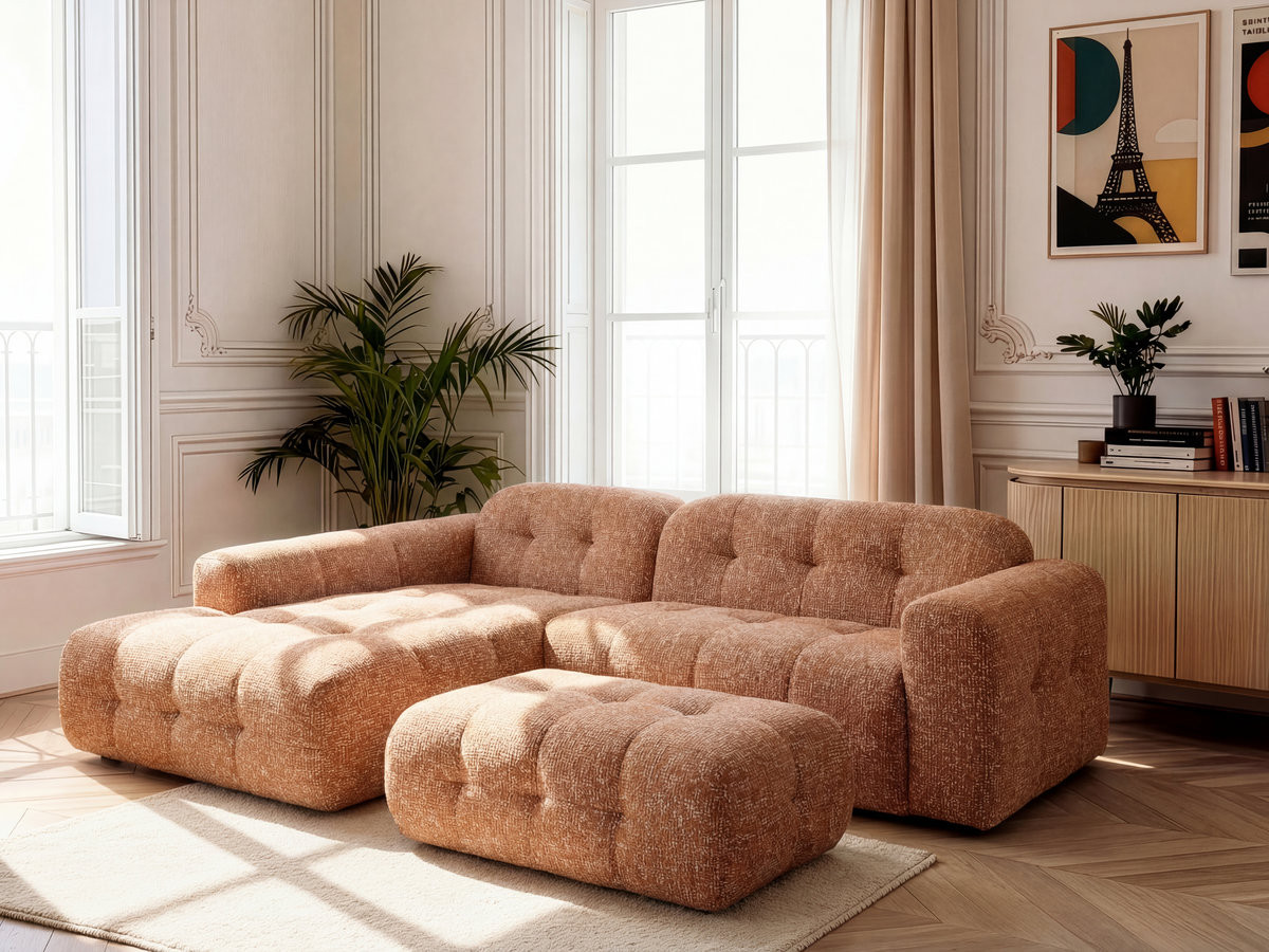 Canapé d'angle fixe LAURA tissu chiné avec grand pouf