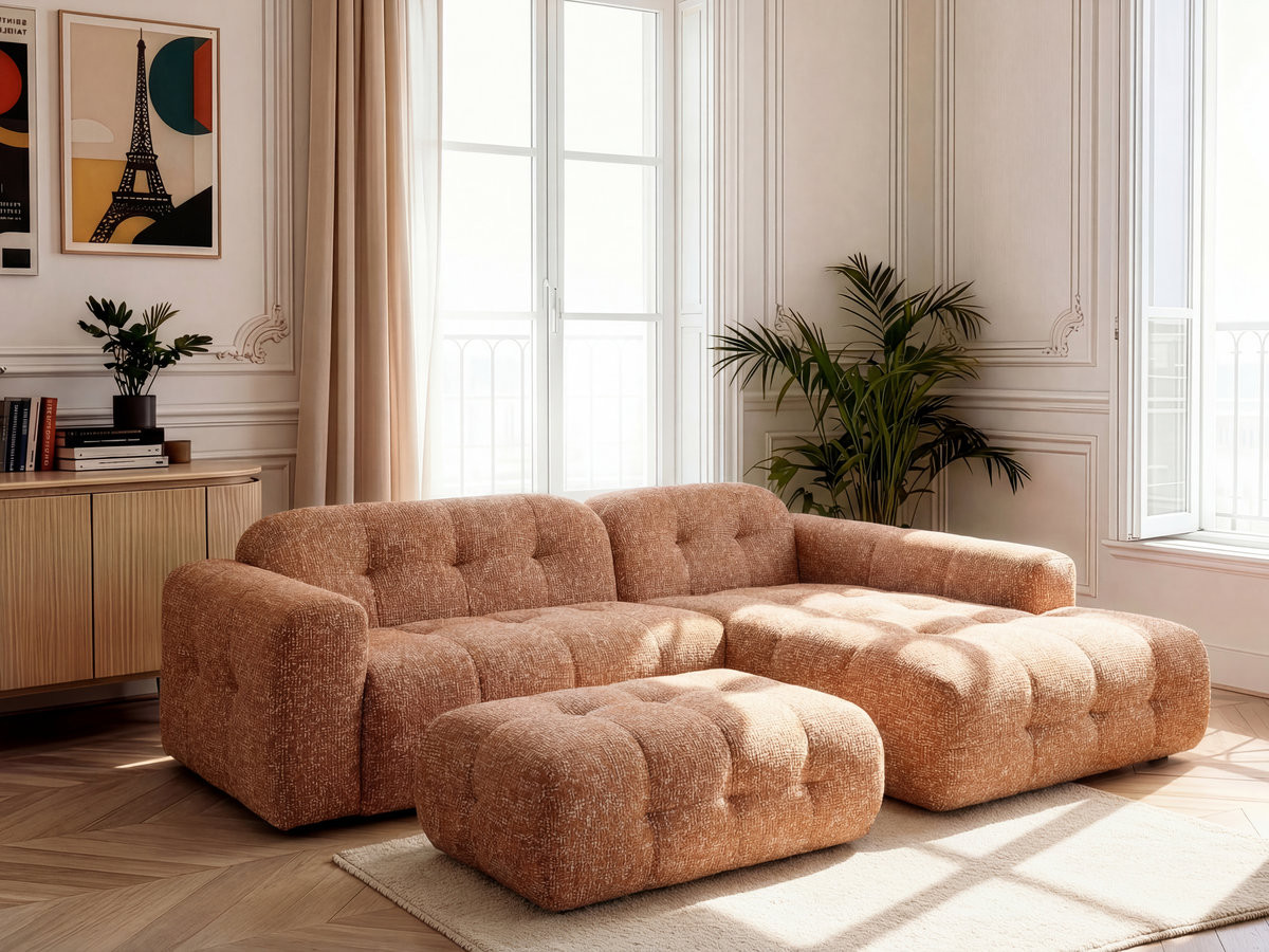 Canapé d'angle fixe LAURA tissu chiné avec grand pouf