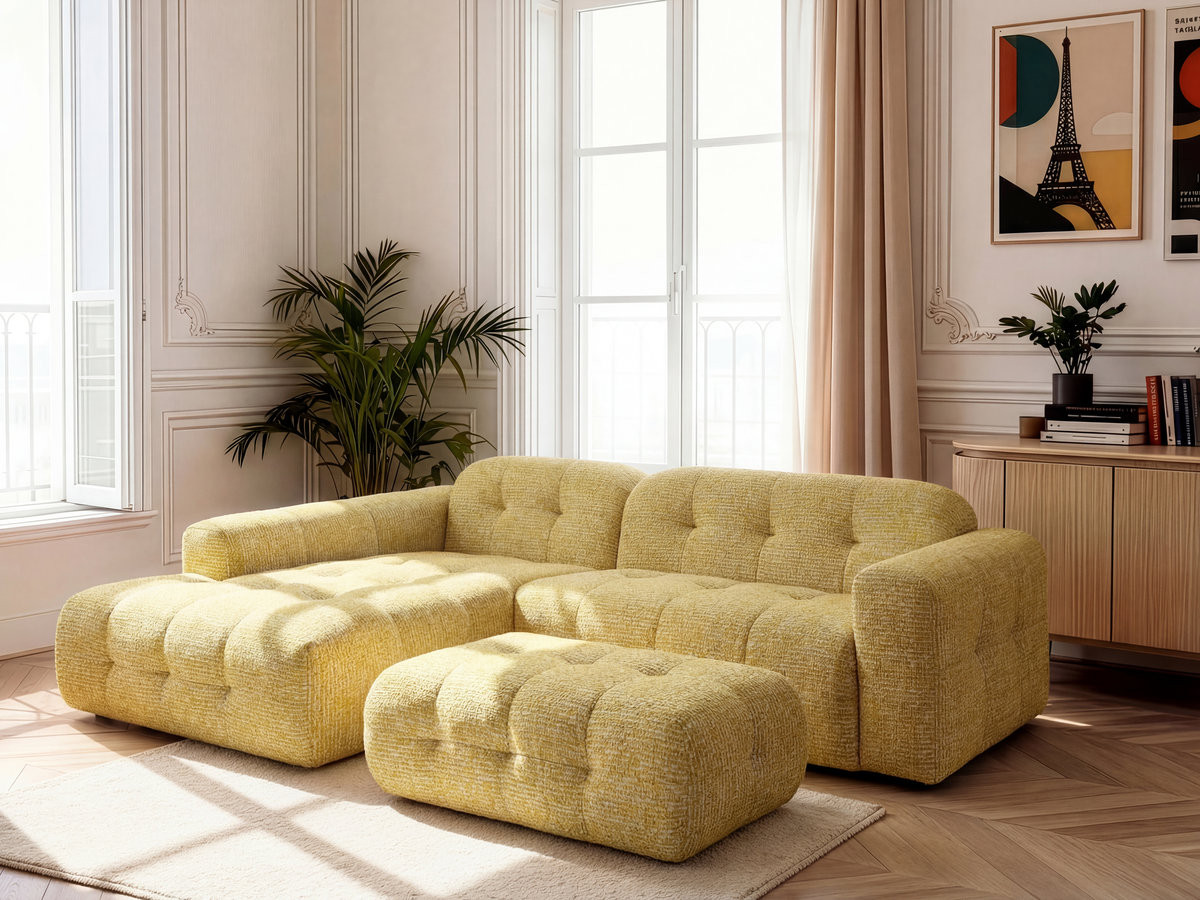 Canapé d'angle fixe LAURA tissu chiné avec grand pouf