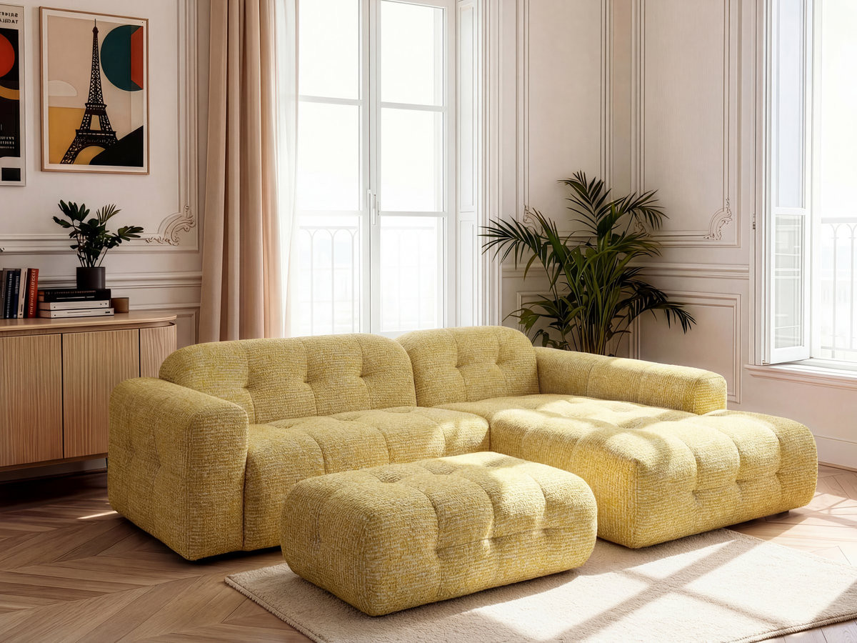 Canapé d'angle LAURA chiné avec grand pouf jaune — vue 4