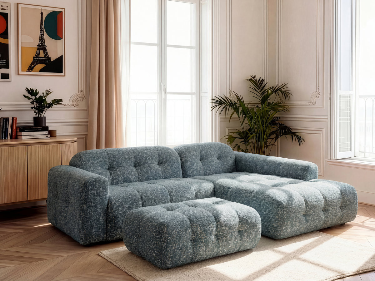 Canapé d'angle fixe LAURA tissu chiné avec grand pouf