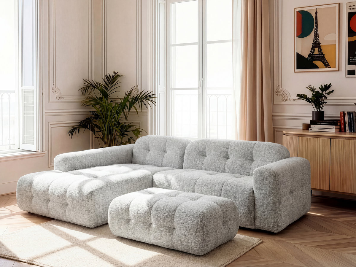 Canapé d'angle fixe LAURA tissu chiné avec grand pouf