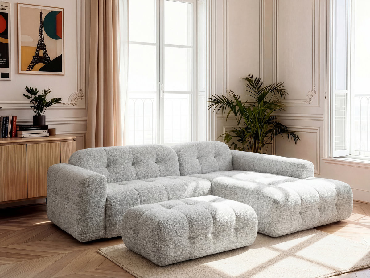 Canapé d'angle fixe LAURA tissu chiné avec grand pouf