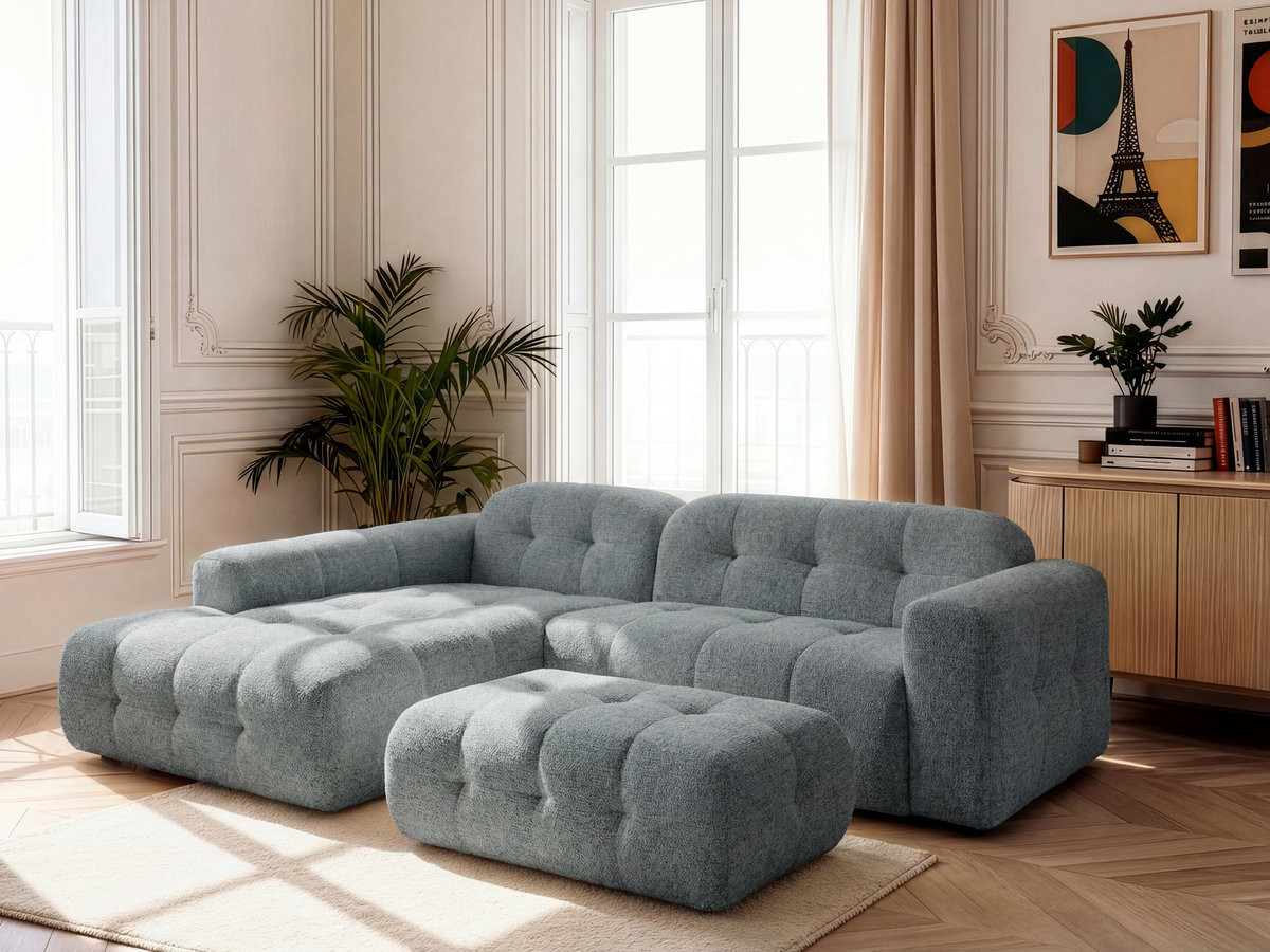 Canapé d'angle fixe LAURA tissu chiné avec grand pouf
