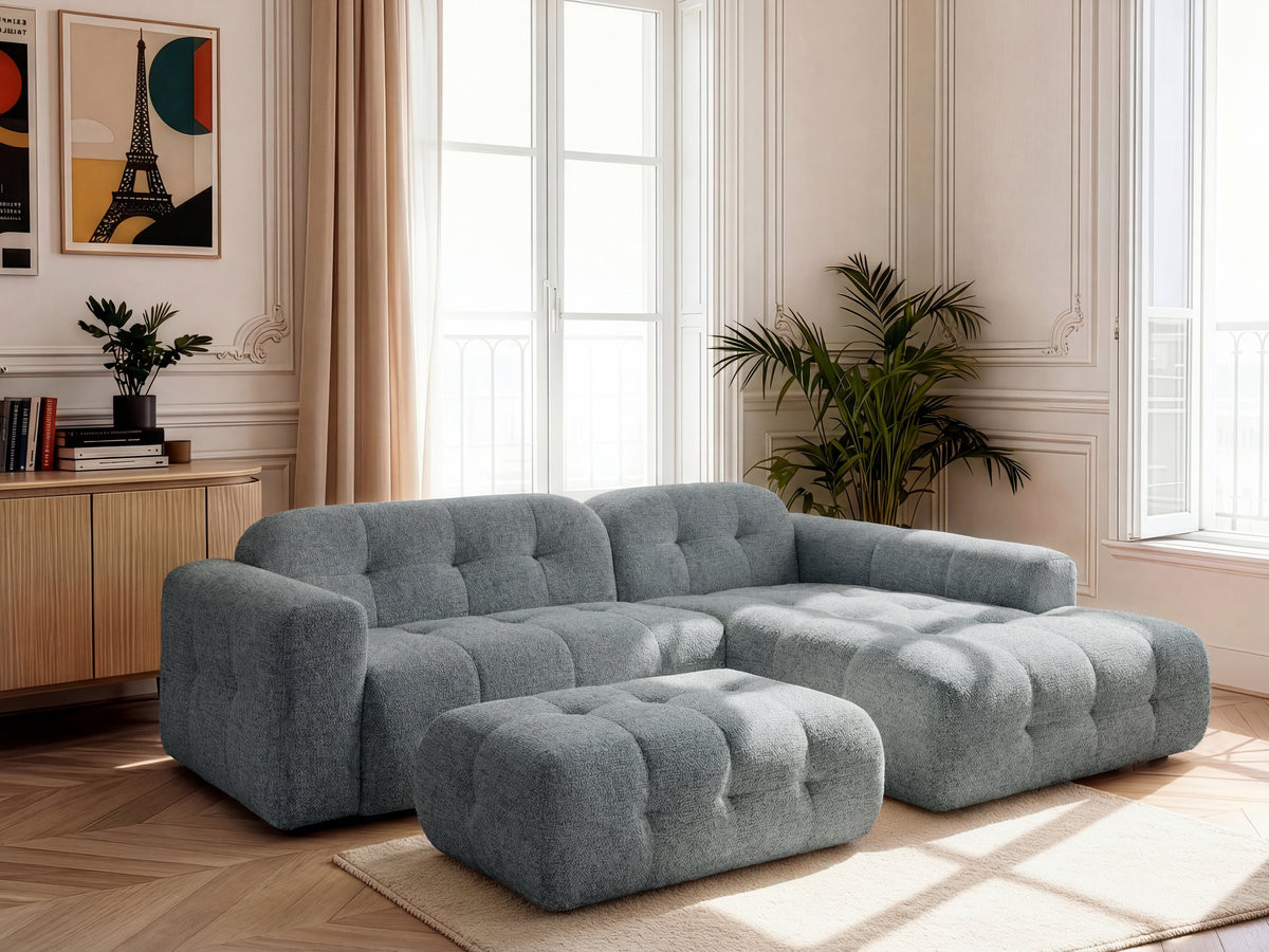 Canapé d'angle fixe LAURA tissu chiné avec grand pouf