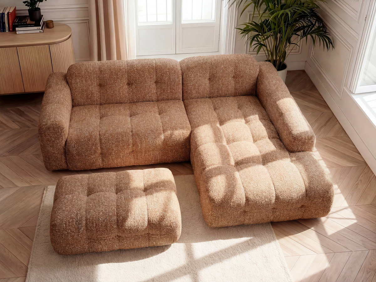 Canapé d'angle LAURA chiné avec grand pouf orange — vue 5