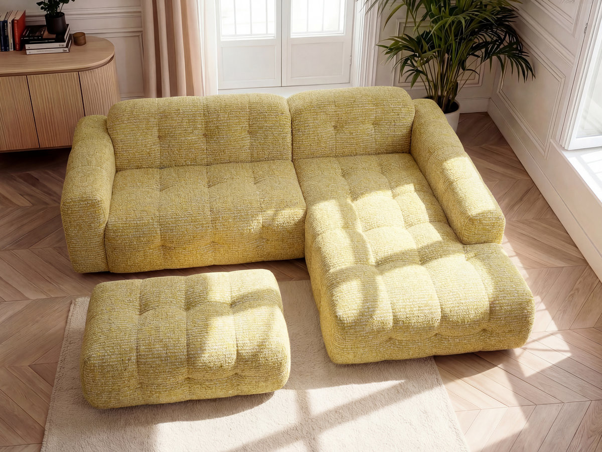 Canapé d'angle LAURA chiné avec grand pouf jaune — vue 5