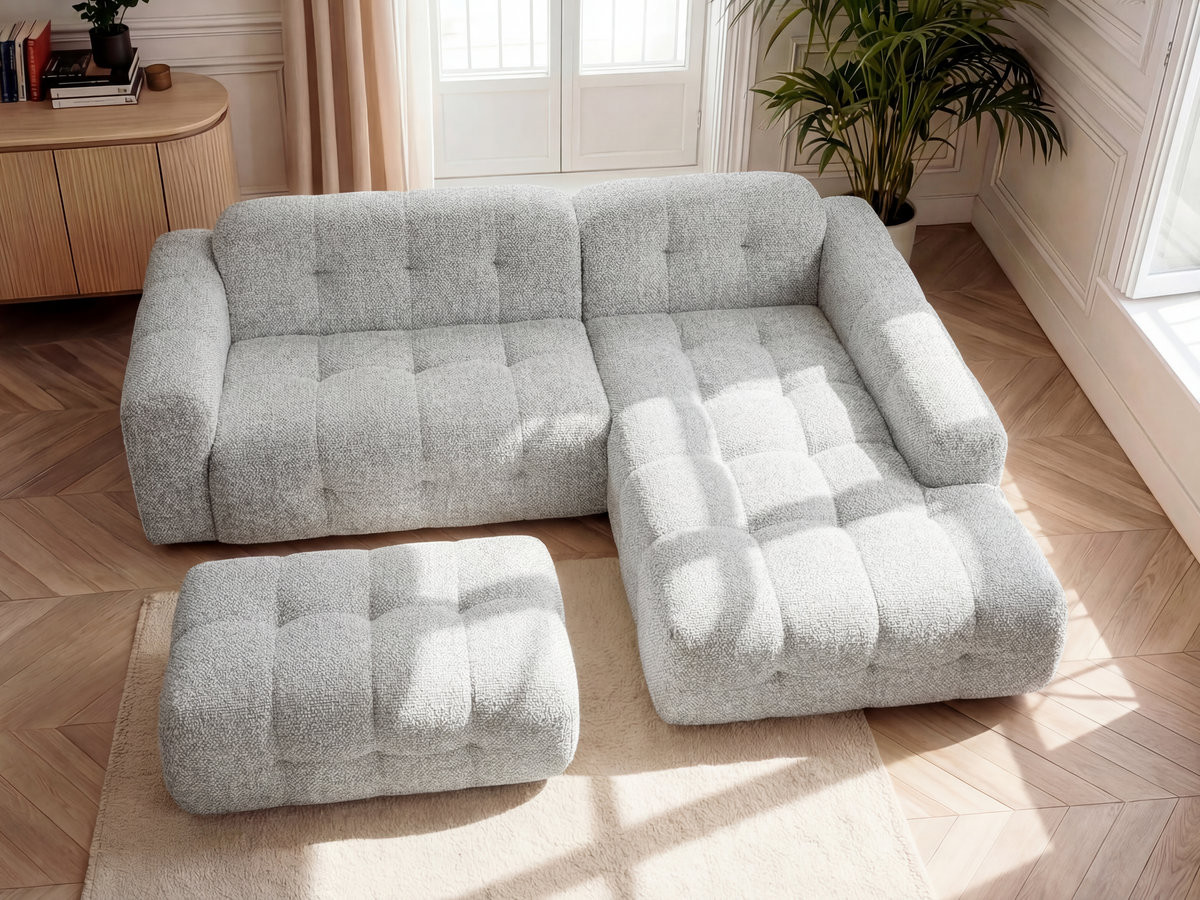 Canapé d'angle LAURA chiné avec grand pouf gris clair — vue 5