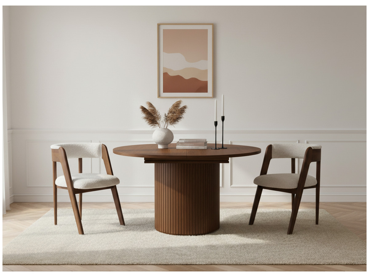 SORMIOU set met ronde uitschuifbare eettafel 130 tot 180 cm + BASTIDE stoelset in massief eiken fineer