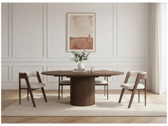 Ensemble SORMIOU avec table à manger ronde extensible 130 à 180 cm + 4 chaises BASTIDE placage chêne massif
