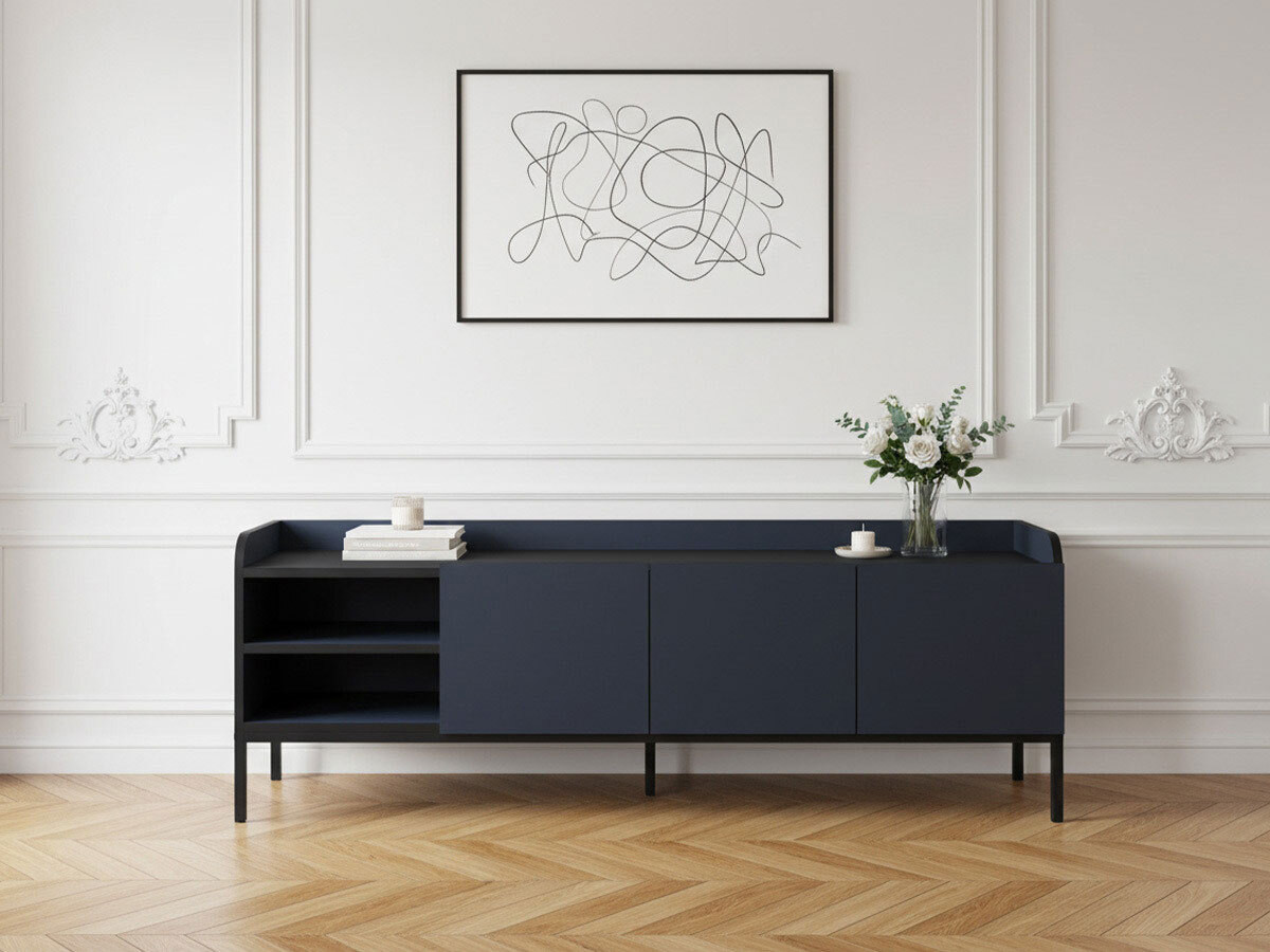 Meuble TV 2 portes 2 niches 160 cm AURIANE pieds métal noir beige — vue 4