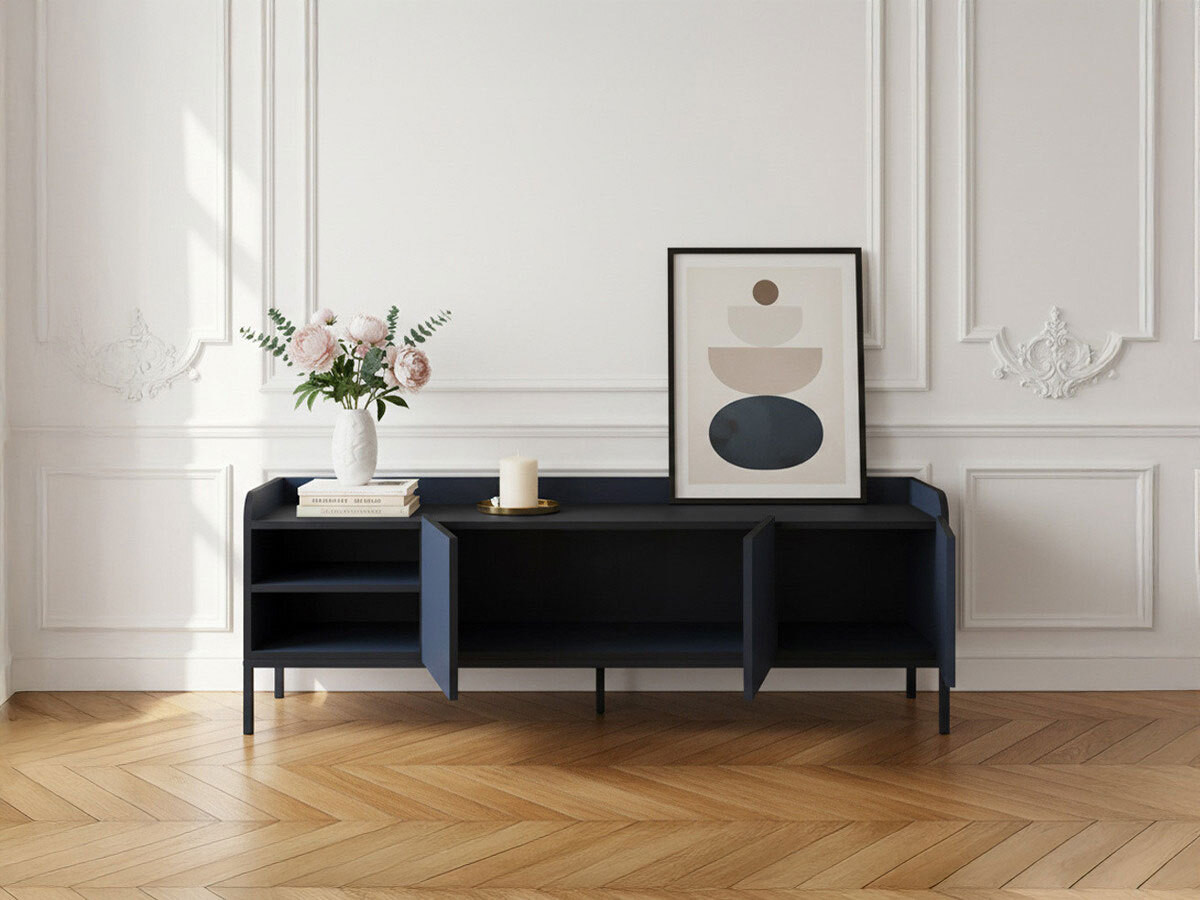 Meuble TV 2 portes 2 niches 160 cm AURIANE pieds métal noir